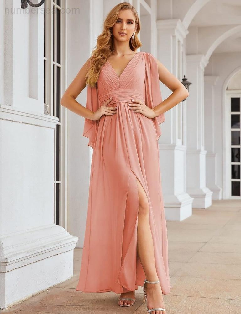 Vestidos de Dama de Honra em Chiffon Numbersea com Fenda para Mulher Vestido Longo de Casamento Festa Baile Manga Sino SEA28045