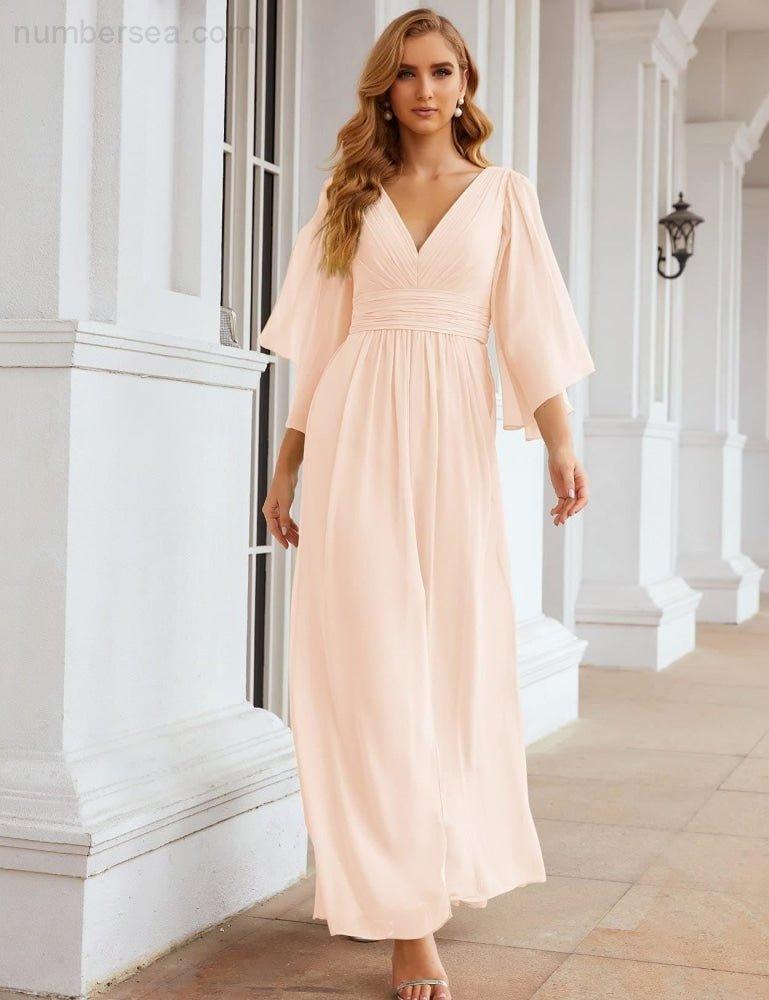 Robes de demoiselle d'honneur en mousseline Numbersea avec fente pour femmes Mariage Longue robe de soirée à manches volantes SEA28045