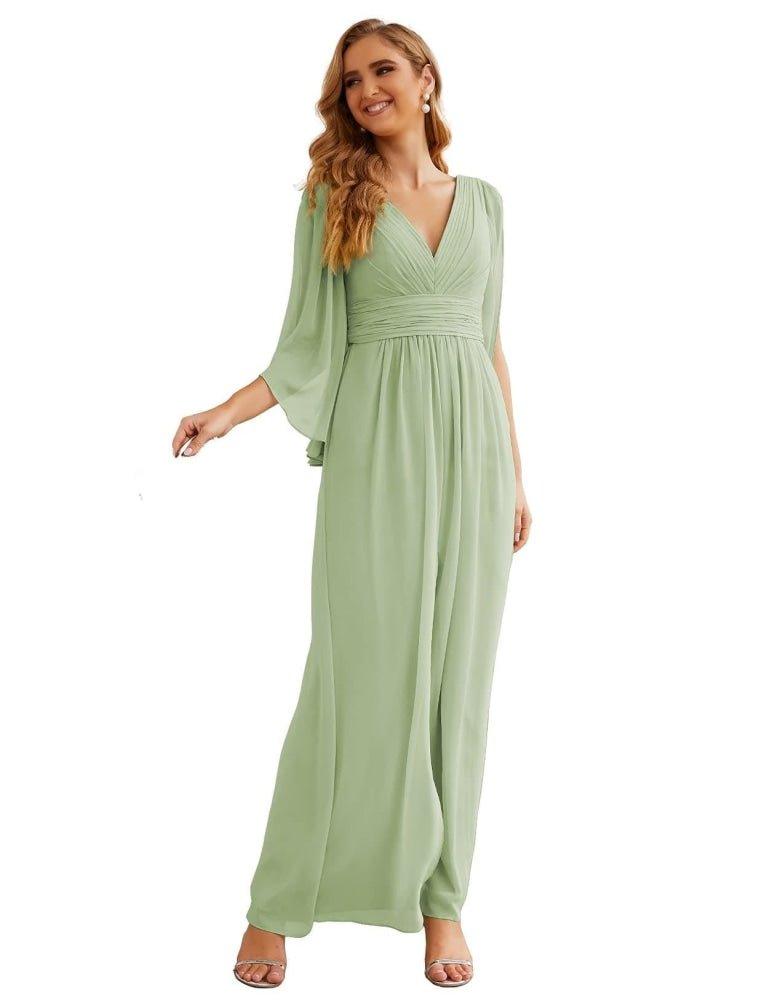 Vestidos de Dama de Honra em Chiffon Numbersea com Fenda para Mulher Vestido Longo de Casamento Festa Baile Manga Sino SEA28045
