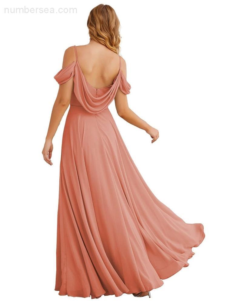 Abito da Sposa in Chiffon con Spalle Scoperte, Lungo e Maxi, per Damigelle, Cerimonia, Ballo e Feste per Donne  SEA28059