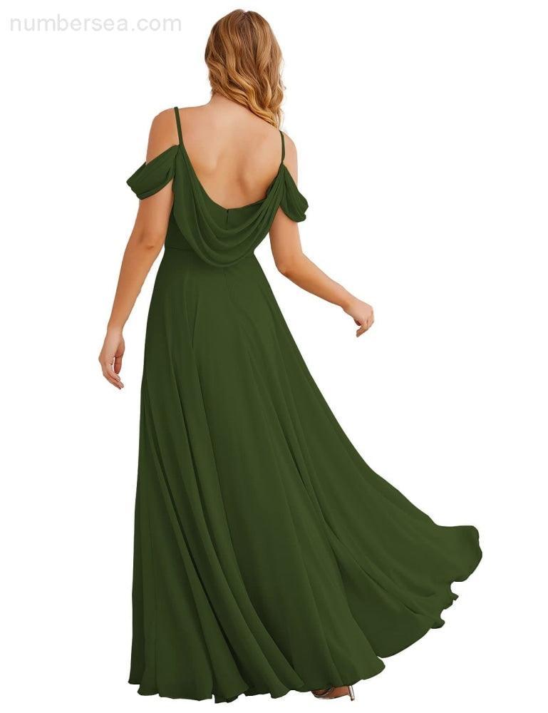 Abito da Sposa in Chiffon con Spalle Scoperte, Lungo e Maxi, per Damigelle, Cerimonia, Ballo e Feste per Donne  SEA28059