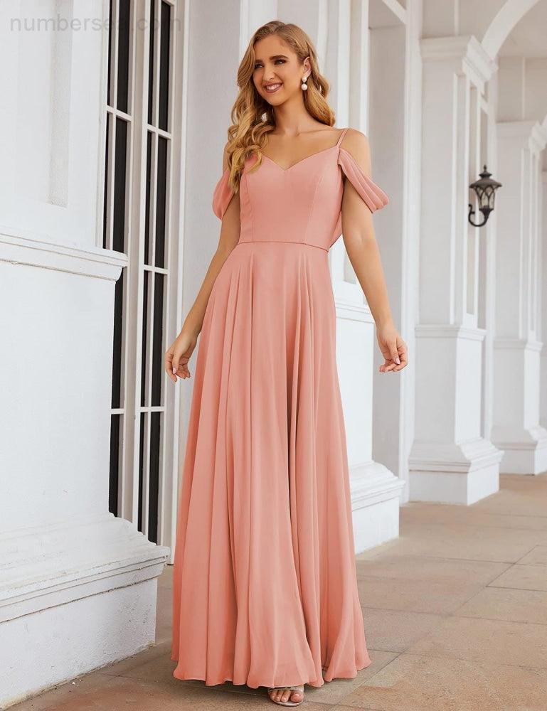 Abito da Sposa in Chiffon con Spalle Scoperte, Lungo e Maxi, per Damigelle, Cerimonia, Ballo e Feste per Donne  SEA28059