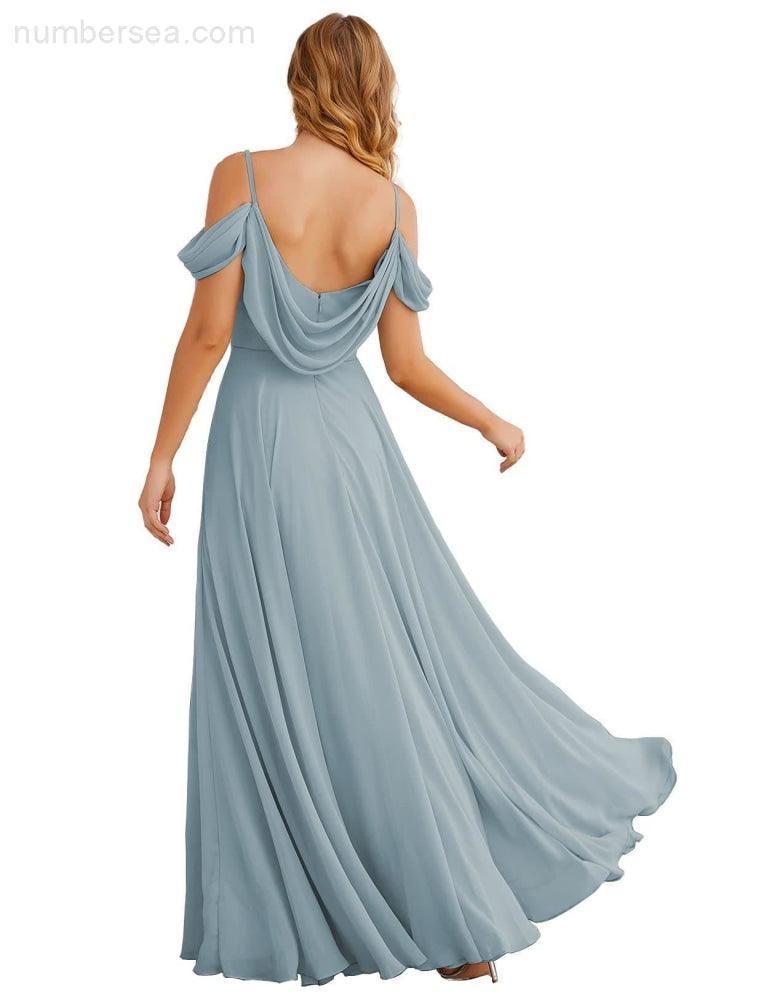 Abito da Sposa in Chiffon con Spalle Scoperte, Lungo e Maxi, per Damigelle, Cerimonia, Ballo e Feste per Donne  SEA28059
