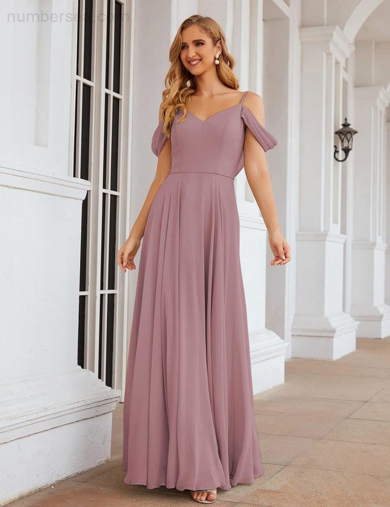 Abito da Sposa in Chiffon con Spalle Scoperte, Lungo e Maxi, per Damigelle, Cerimonia, Ballo e Feste per Donne  SEA28059