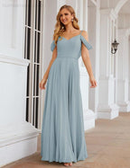 Abito da Sposa in Chiffon con Spalle Scoperte, Lungo e Maxi, per Damigelle, Cerimonia, Ballo e Feste per Donne  SEA28059