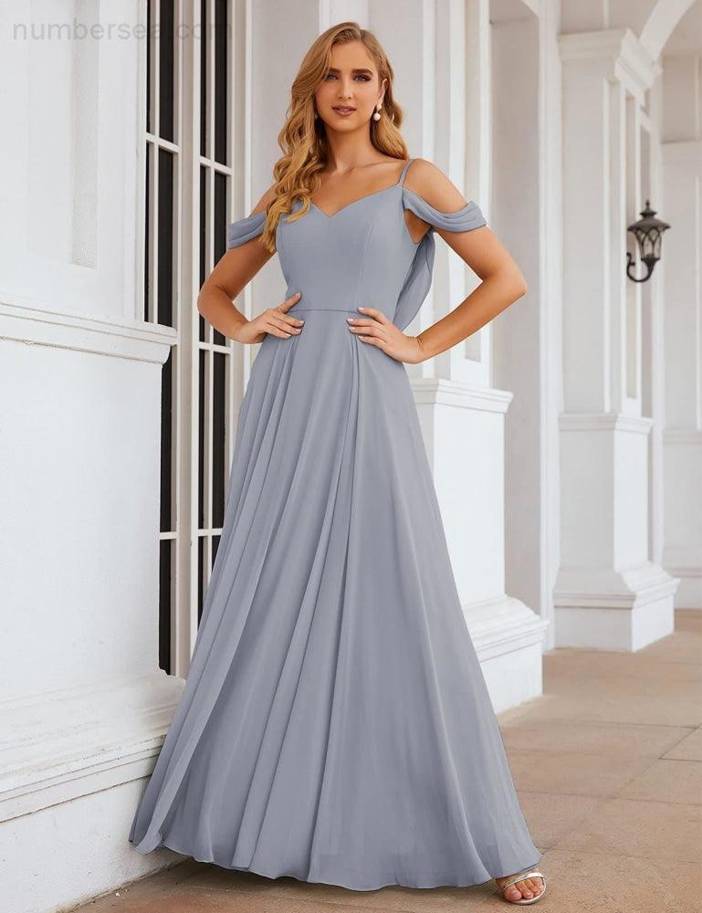 Abito da Sposa in Chiffon con Spalle Scoperte, Lungo e Maxi, per Damigelle, Cerimonia, Ballo e Feste per Donne  SEA28059