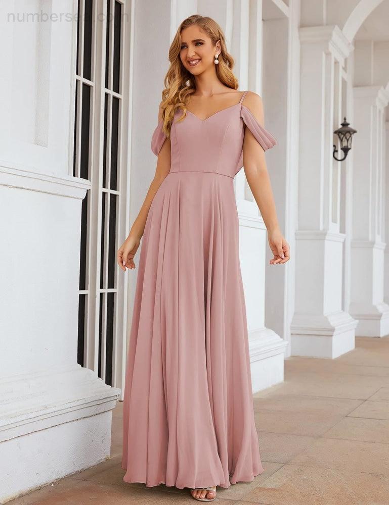 Abito da Sposa in Chiffon con Spalle Scoperte, Lungo e Maxi, per Damigelle, Cerimonia, Ballo e Feste per Donne  SEA28059