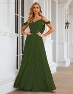 Abito da Sposa in Chiffon con Spalle Scoperte, Lungo e Maxi, per Damigelle, Cerimonia, Ballo e Feste per Donne  SEA28059