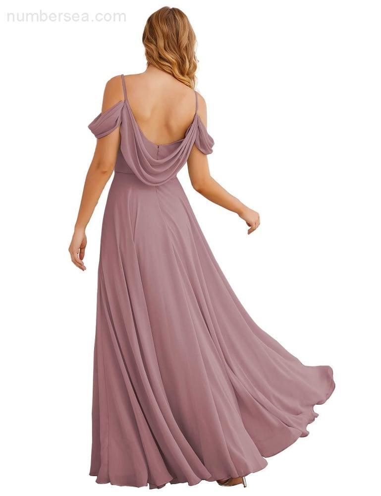 Abito da Sposa in Chiffon con Spalle Scoperte, Lungo e Maxi, per Damigelle, Cerimonia, Ballo e Feste per Donne  SEA28059