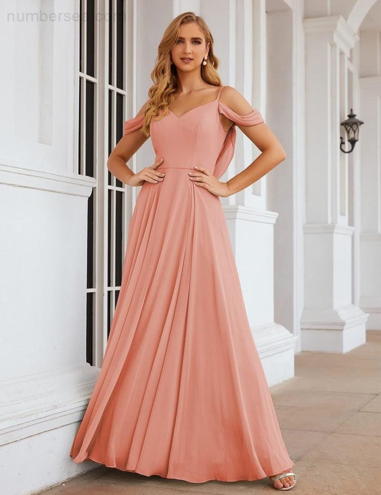 Abito da Sposa in Chiffon con Spalle Scoperte, Lungo e Maxi, per Damigelle, Cerimonia, Ballo e Feste per Donne  SEA28059