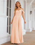Abito da Sposa in Chiffon con Spalle Scoperte, Lungo e Maxi, per Damigelle, Cerimonia, Ballo e Feste per Donne  SEA28059