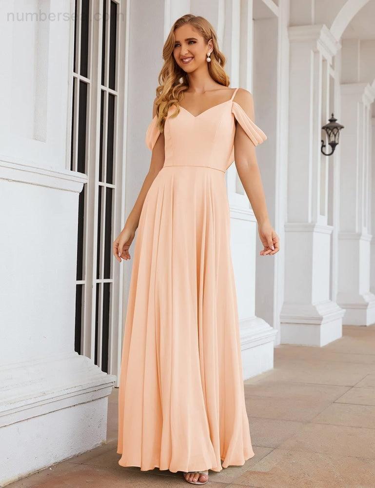 Abito da Sposa in Chiffon con Spalle Scoperte, Lungo e Maxi, per Damigelle, Cerimonia, Ballo e Feste per Donne  SEA28059