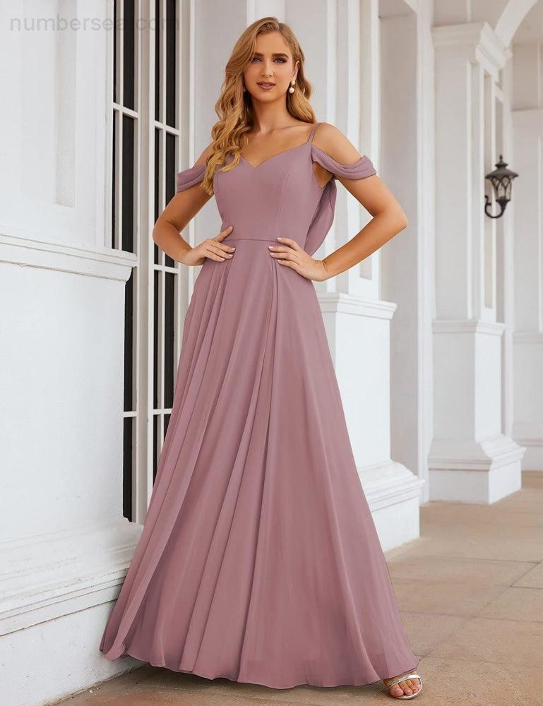 Abito da Sposa in Chiffon con Spalle Scoperte, Lungo e Maxi, per Damigelle, Cerimonia, Ballo e Feste per Donne  SEA28059
