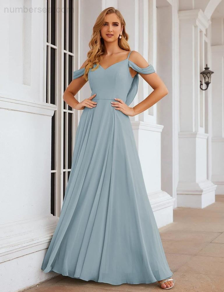 Abito da Sposa in Chiffon con Spalle Scoperte, Lungo e Maxi, per Damigelle, Cerimonia, Ballo e Feste per Donne  SEA28059