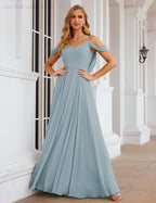 Abito da Sposa in Chiffon con Spalle Scoperte, Lungo e Maxi, per Damigelle, Cerimonia, Ballo e Feste per Donne  SEA28059