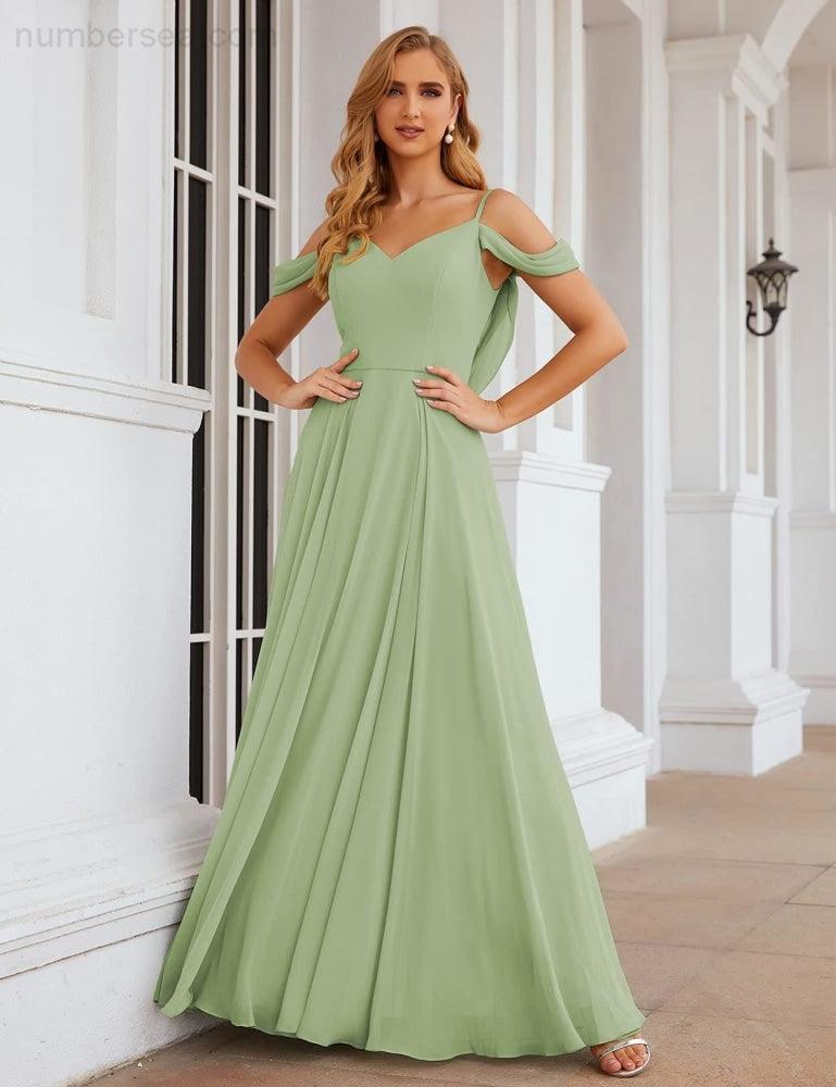 Abito da Sposa in Chiffon con Spalle Scoperte, Lungo e Maxi, per Damigelle, Cerimonia, Ballo e Feste per Donne  SEA28059