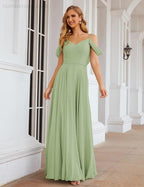 Abito da Sposa in Chiffon con Spalle Scoperte, Lungo e Maxi, per Damigelle, Cerimonia, Ballo e Feste per Donne  SEA28059