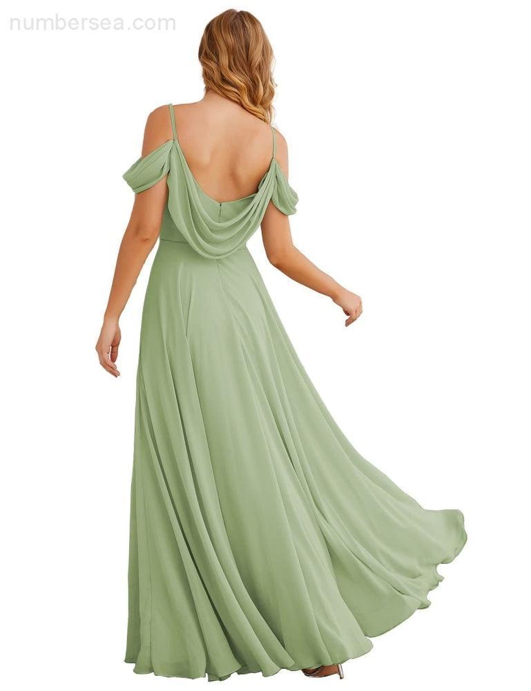 Abito da Sposa in Chiffon con Spalle Scoperte, Lungo e Maxi, per Damigelle, Cerimonia, Ballo e Feste per Donne  SEA28059