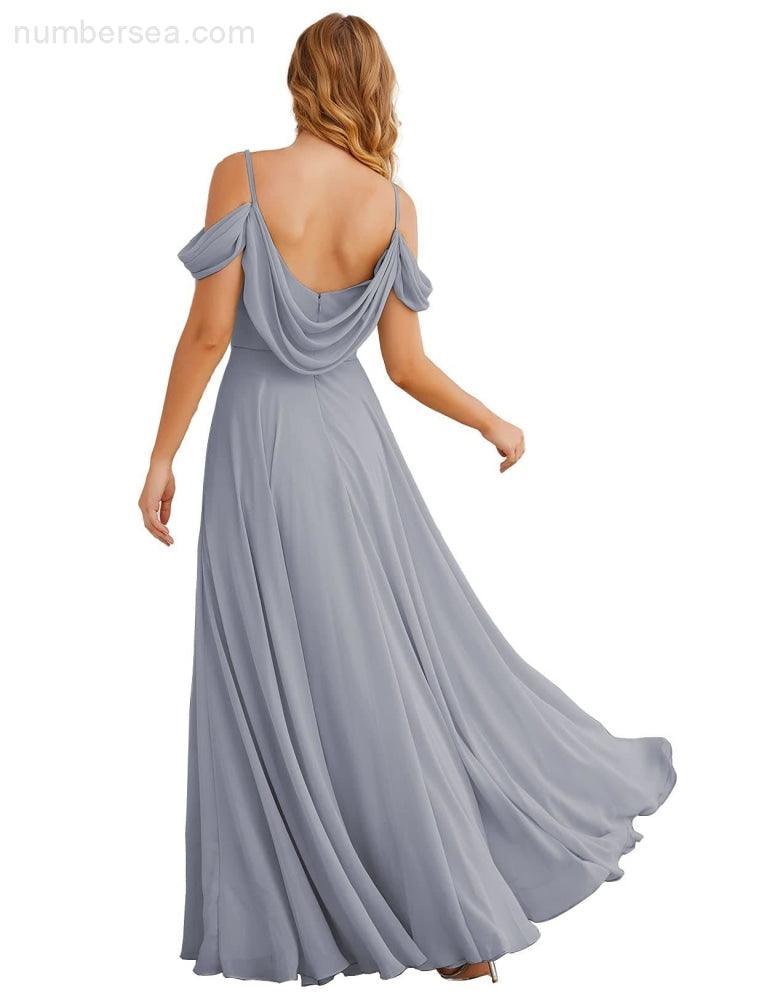 Abito da Sposa in Chiffon con Spalle Scoperte, Lungo e Maxi, per Damigelle, Cerimonia, Ballo e Feste per Donne  SEA28059