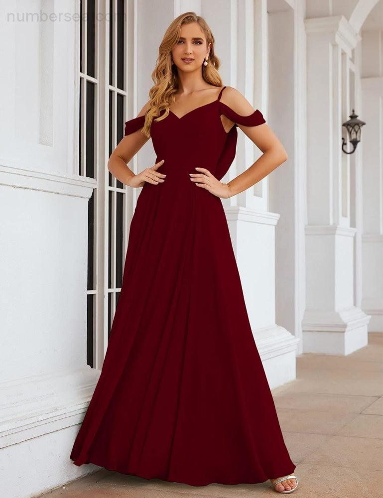 Abito da Sposa in Chiffon con Spalle Scoperte, Lungo e Maxi, per Damigelle, Cerimonia, Ballo e Feste per Donne  SEA28059