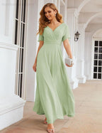 Vestido de Dama de Honra Longo de Chiffon com Decote em V e Cintura Envolvente para Convidados de Casamento  SEA28049
