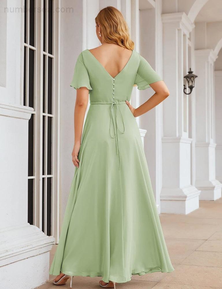 Vestido de Dama de Honra Longo de Chiffon com Decote em V e Cintura Envolvente para Convidados de Casamento  SEA28049