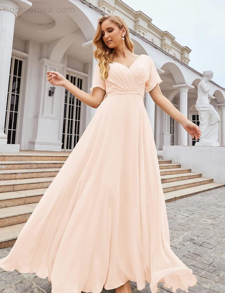 Vestido de Dama de Honra Longo de Chiffon com Decote em V e Cintura Envolvente para Convidados de Casamento  SEA28049