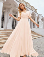 Vestido de Dama de Honra Longo de Chiffon com Decote em V e Cintura Envolvente para Convidados de Casamento  SEA28049