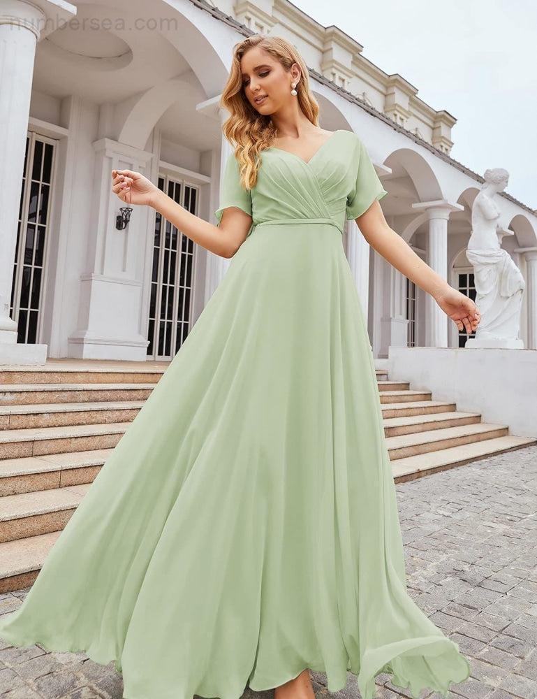 Vestido de Dama de Honra Longo de Chiffon com Decote em V e Cintura Envolvente para Convidados de Casamento  SEA28049