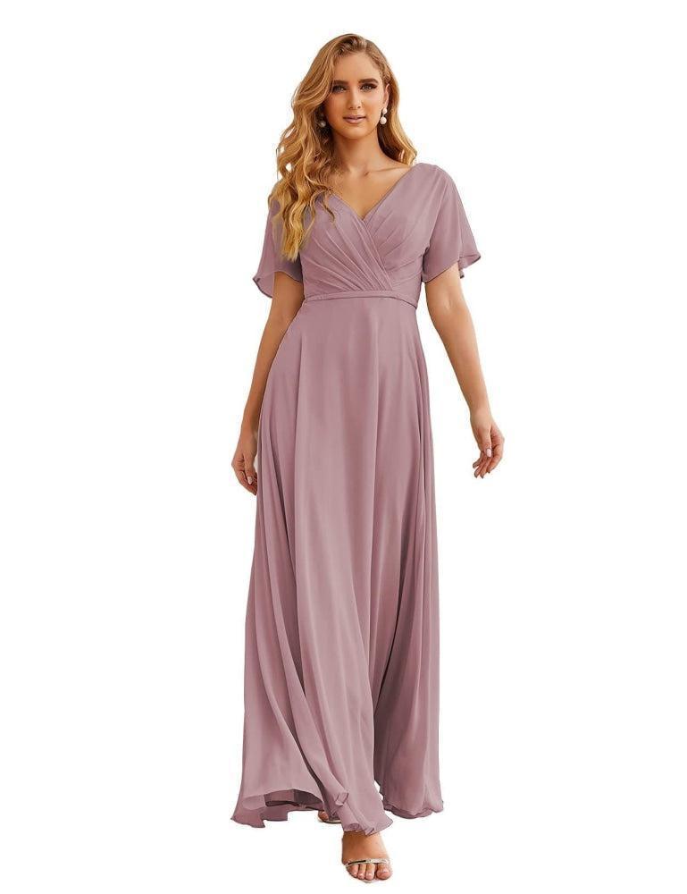 Vestido de Dama de Honra Longo de Chiffon com Decote em V e Cintura Envolvente para Convidados de Casamento  SEA28049