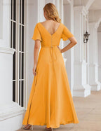 Vestido de Dama de Honra Longo de Chiffon com Decote em V e Cintura Envolvente para Convidados de Casamento  SEA28049