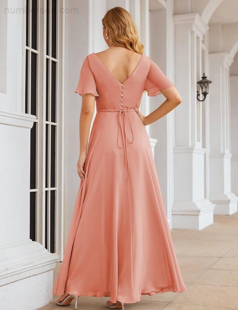 Vestido de Dama de Honra Longo de Chiffon com Decote em V e Cintura Envolvente para Convidados de Casamento  SEA28049