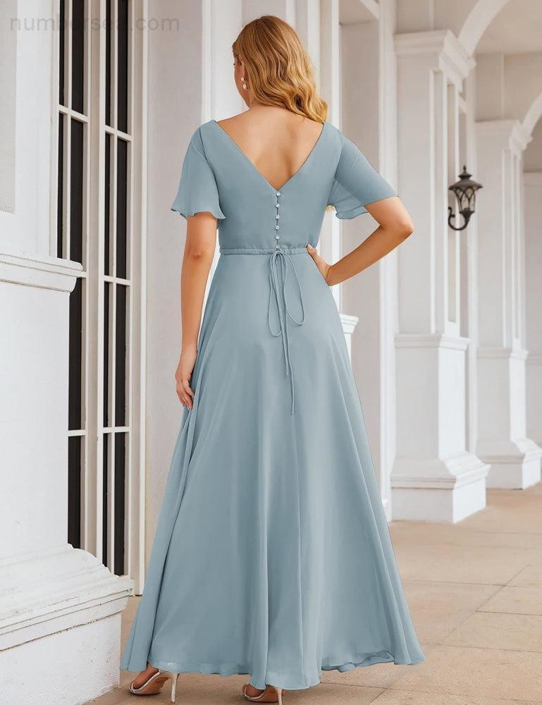 Vestido de Dama de Honra Longo de Chiffon com Decote em V e Cintura Envolvente para Convidados de Casamento  SEA28049