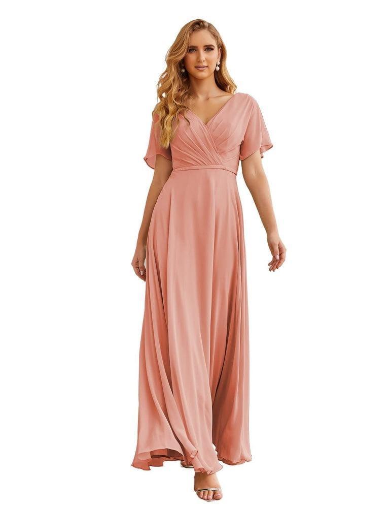 Vestido de Dama de Honra Longo de Chiffon com Decote em V e Cintura Envolvente para Convidados de Casamento  SEA28049