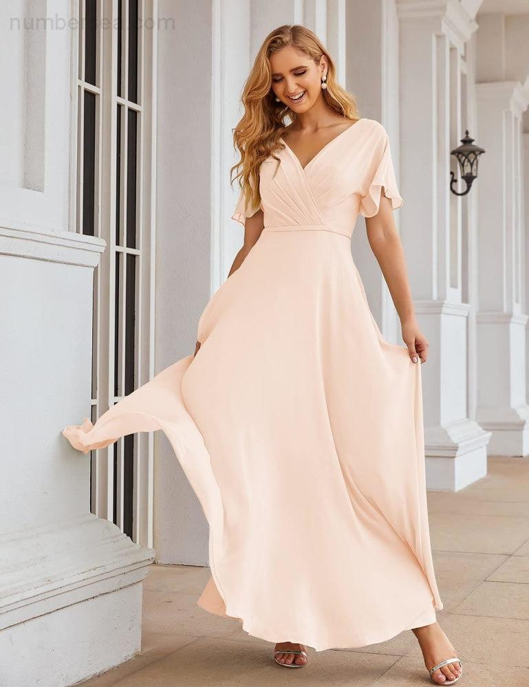 Vestido de Dama de Honra Longo de Chiffon com Decote em V e Cintura Envolvente para Convidados de Casamento  SEA28049