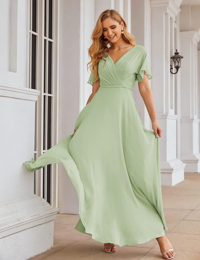 Vestido de Dama de Honra Longo de Chiffon com Decote em V e Cintura Envolvente para Convidados de Casamento  SEA28049