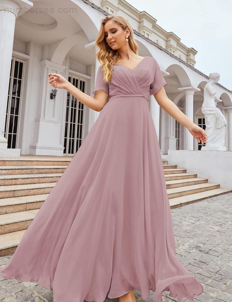 Vestido de Dama de Honra Longo de Chiffon com Decote em V e Cintura Envolvente para Convidados de Casamento  SEA28049