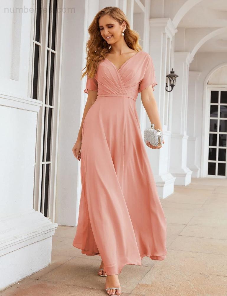 Vestido de Dama de Honra Longo de Chiffon com Decote em V e Cintura Envolvente para Convidados de Casamento  SEA28049