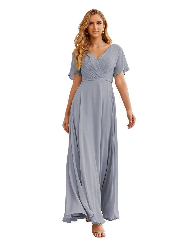 Vestido de Dama de Honra Longo de Chiffon com Decote em V e Cintura Envolvente para Convidados de Casamento  SEA28049