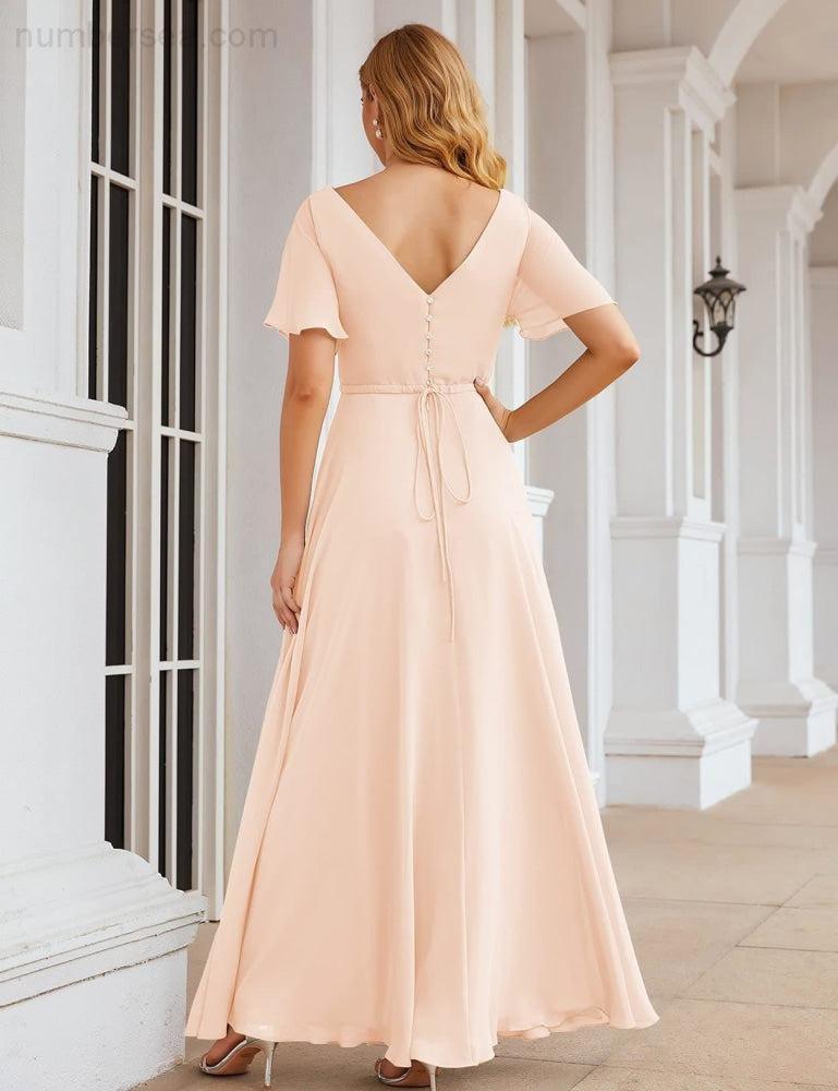 Vestido de Dama de Honra Longo de Chiffon com Decote em V e Cintura Envolvente para Convidados de Casamento  SEA28049