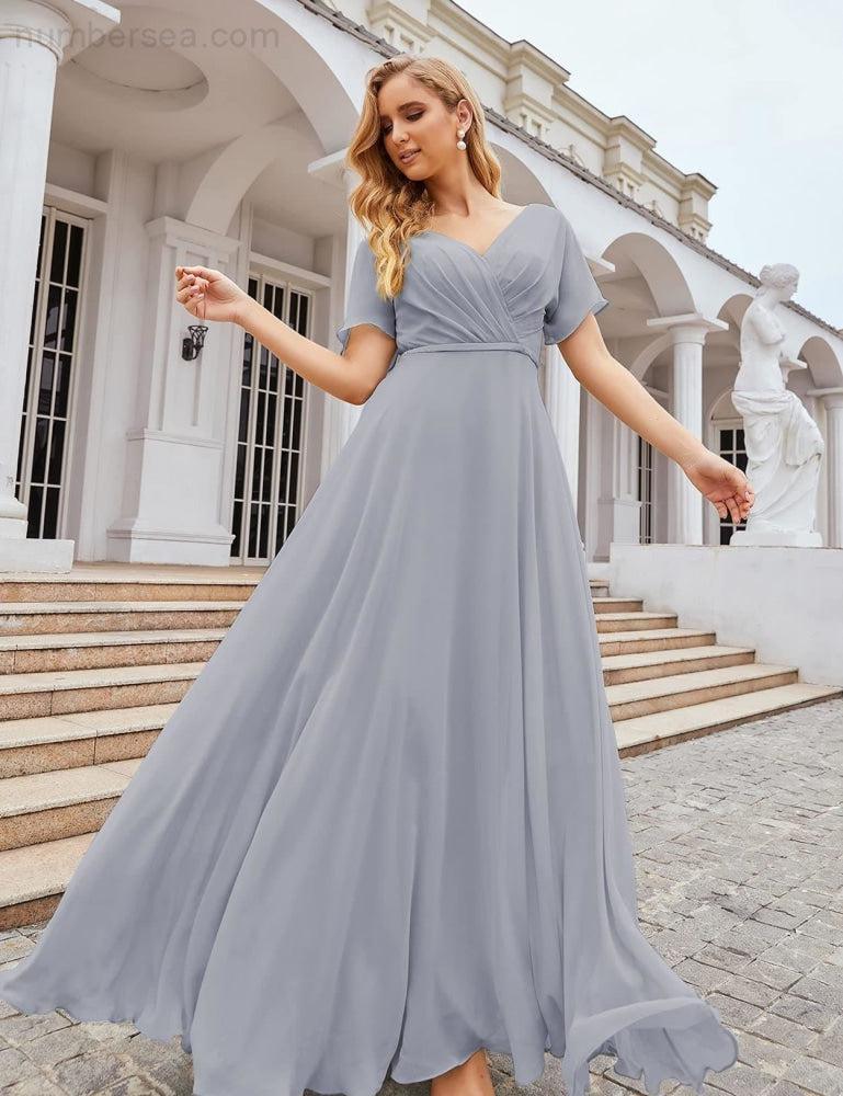 Vestido de Dama de Honra Longo de Chiffon com Decote em V e Cintura Envolvente para Convidados de Casamento  SEA28049