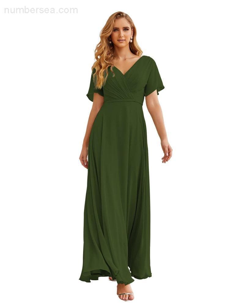 Vestido de Dama de Honra Longo de Chiffon com Decote em V e Cintura Envolvente para Convidados de Casamento  SEA28049