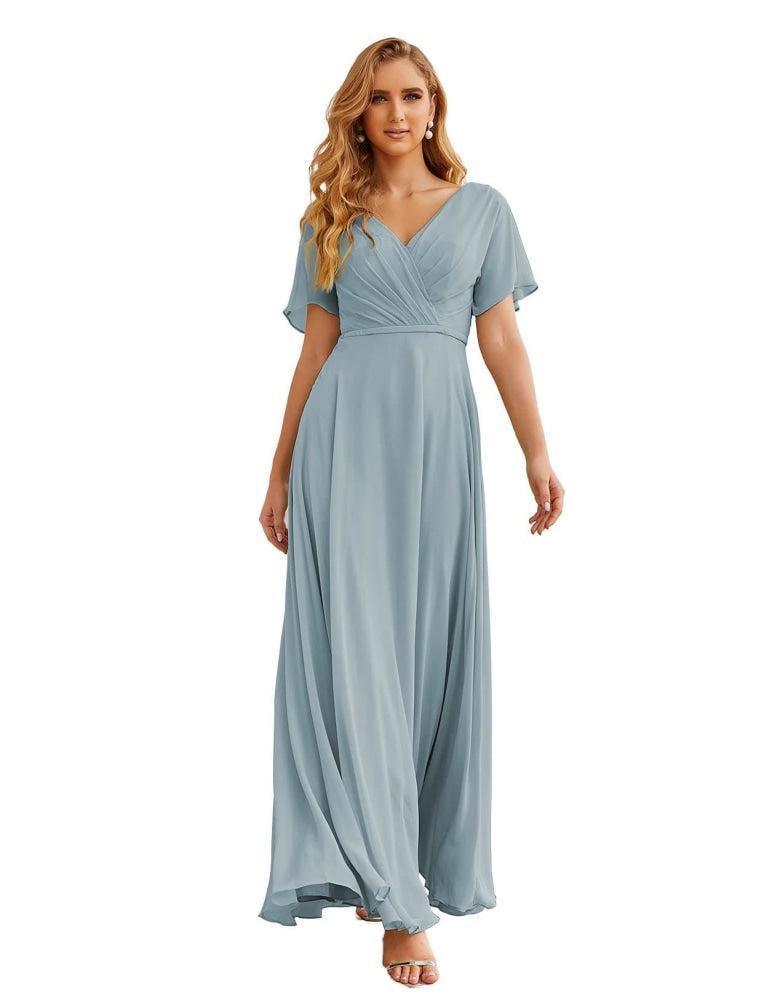Vestido de Dama de Honra Longo de Chiffon com Decote em V e Cintura Envolvente para Convidados de Casamento  SEA28049