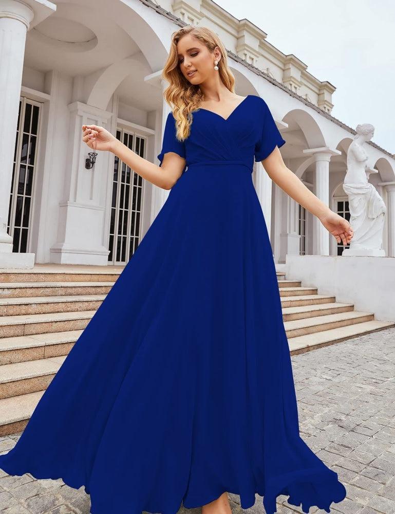 Vestido de Dama de Honra Longo de Chiffon com Decote em V e Cintura Envolvente para Convidados de Casamento  SEA28049