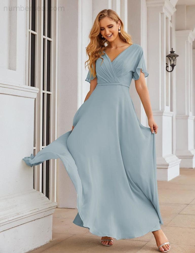 Vestido de Dama de Honra Longo de Chiffon com Decote em V e Cintura Envolvente para Convidados de Casamento  SEA28049