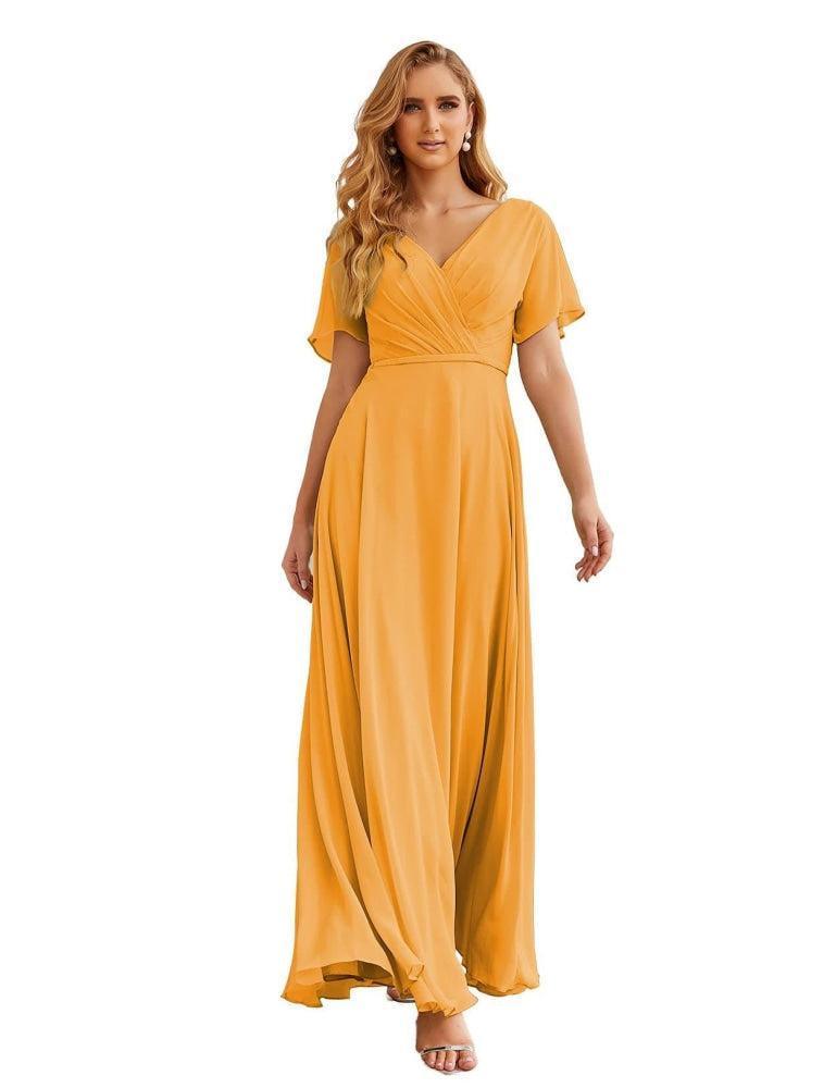 Vestido de Dama de Honra Longo de Chiffon com Decote em V e Cintura Envolvente para Convidados de Casamento  SEA28049