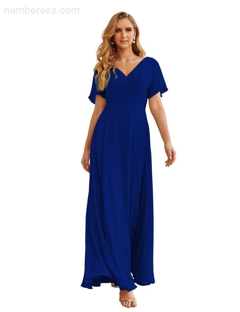 Vestido de Dama de Honra Longo de Chiffon com Decote em V e Cintura Envolvente para Convidados de Casamento  SEA28049