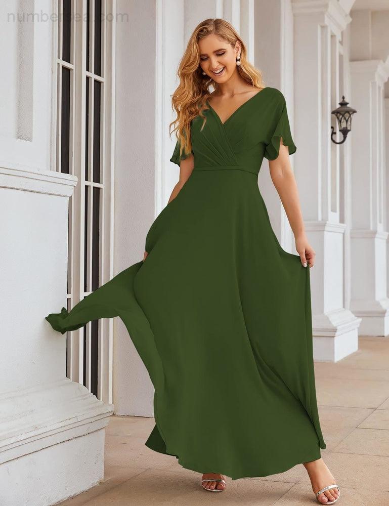 Vestido de Dama de Honra Longo de Chiffon com Decote em V e Cintura Envolvente para Convidados de Casamento  SEA28049
