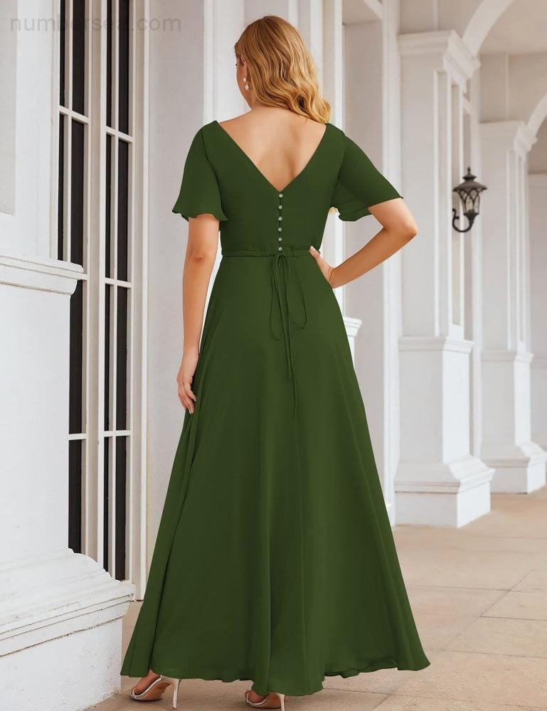 Vestido de Dama de Honra Longo de Chiffon com Decote em V e Cintura Envolvente para Convidados de Casamento  SEA28049