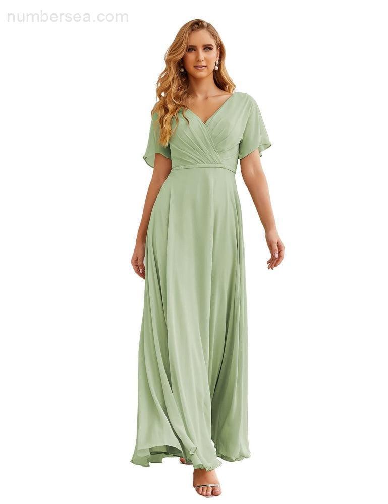 Vestido de Dama de Honra Longo de Chiffon com Decote em V e Cintura Envolvente para Convidados de Casamento  SEA28049
